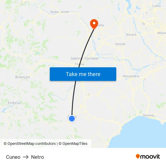 Cuneo to Netro map