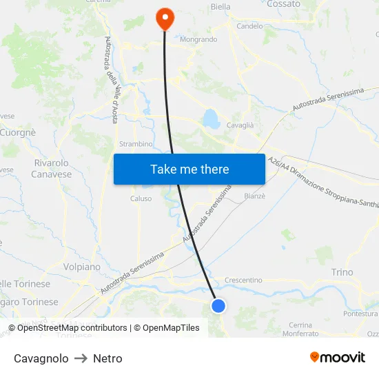 Cavagnolo to Netro map