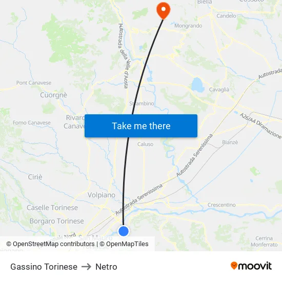 Gassino Torinese to Netro map