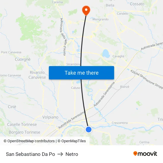 San Sebastiano Da Po to Netro map