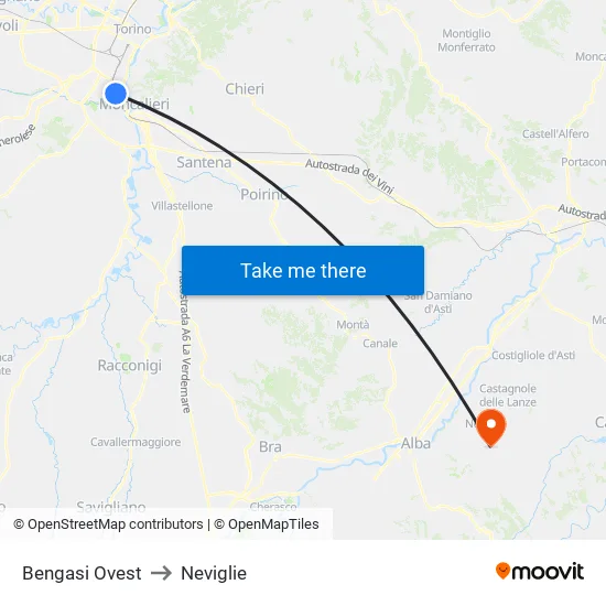 Bengasi to Neviglie map