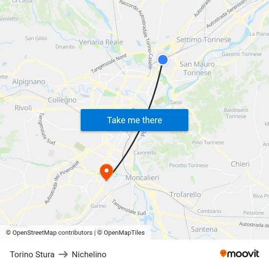 Turin Stura to Nichelino map