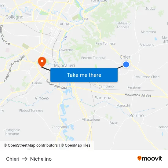 Chieri to Nichelino map