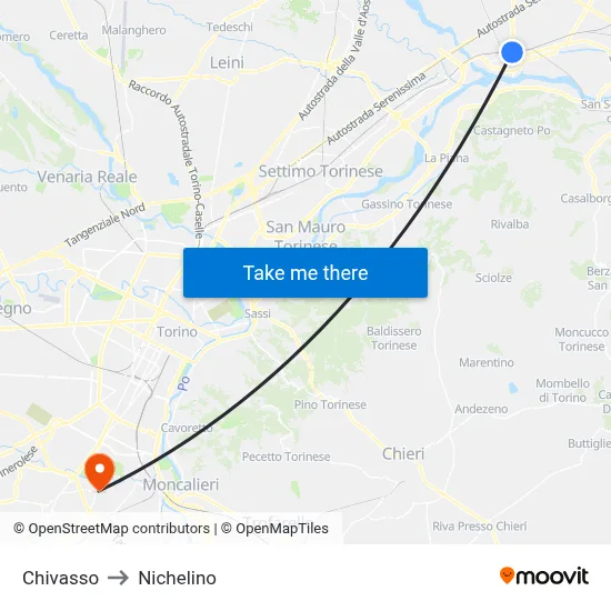 Chivasso to Nichelino map
