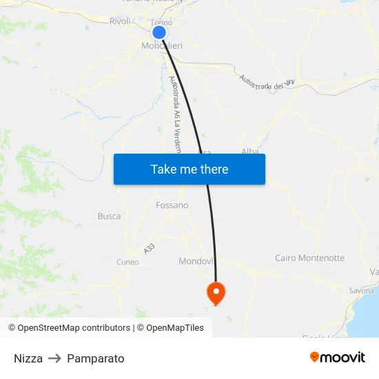 Nizza to Pamparato map