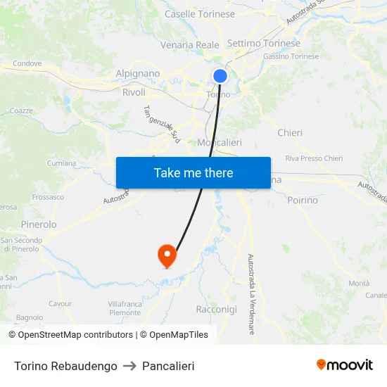 Turin Rebaudengo to Pancalieri map