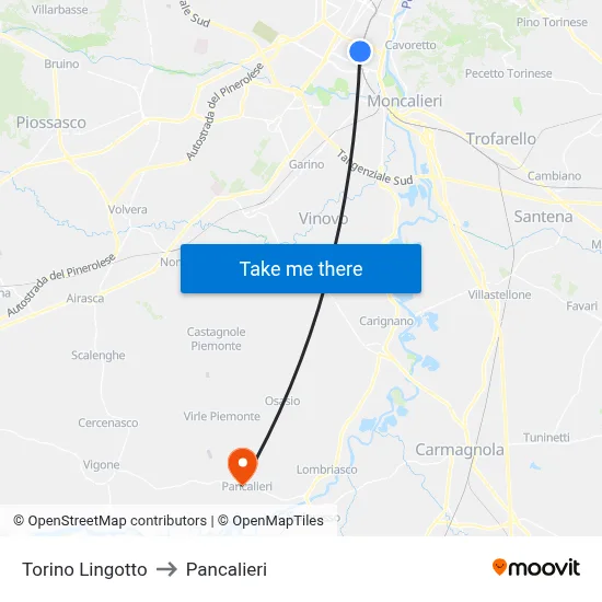 Turin Lingotto to Pancalieri map