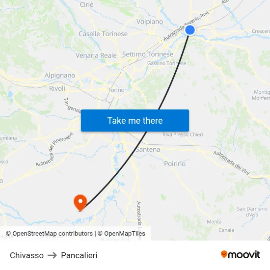 Chivasso to Pancalieri map
