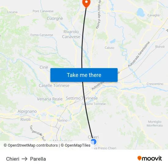 Chieri to Parella map