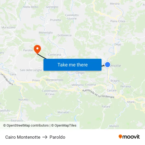 Cairo Montenotte to Paroldo map