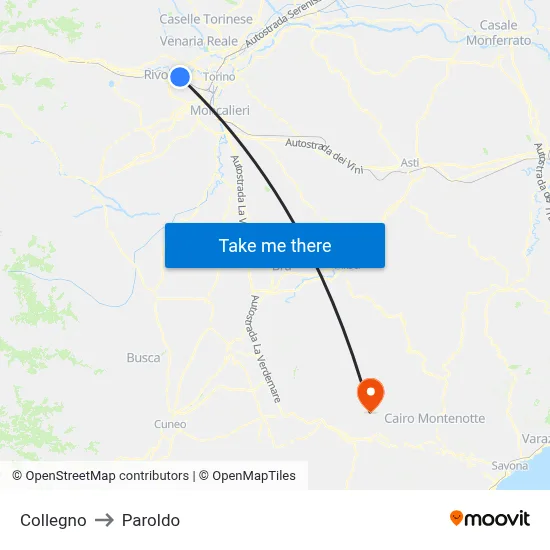 Collegno to Paroldo map