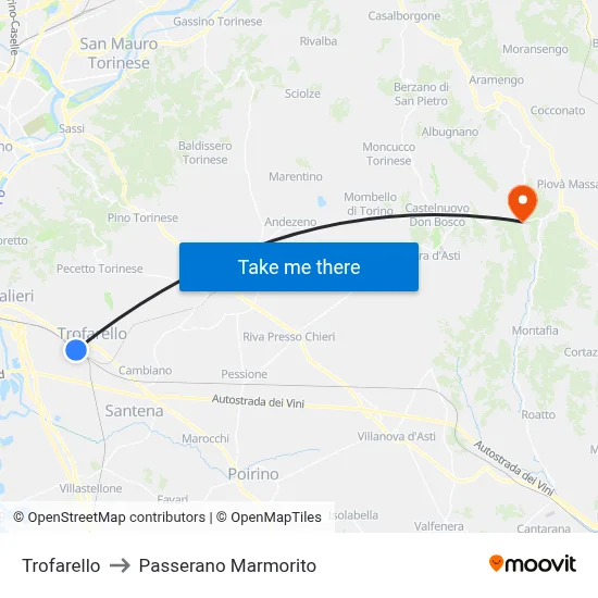 Trofarello to Passerano Marmorito map