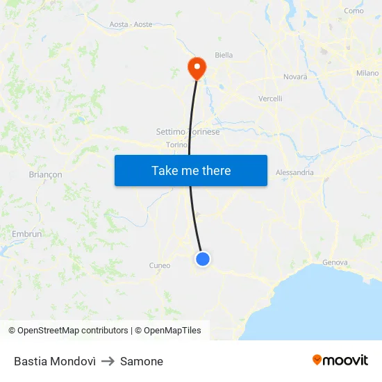 Bastia Mondovì to Samone map