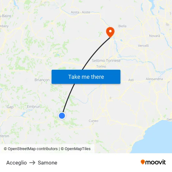 Acceglio to Samone map