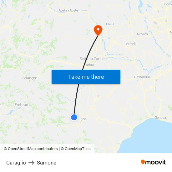 Caraglio to Samone map