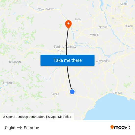 Cigliè to Samone map