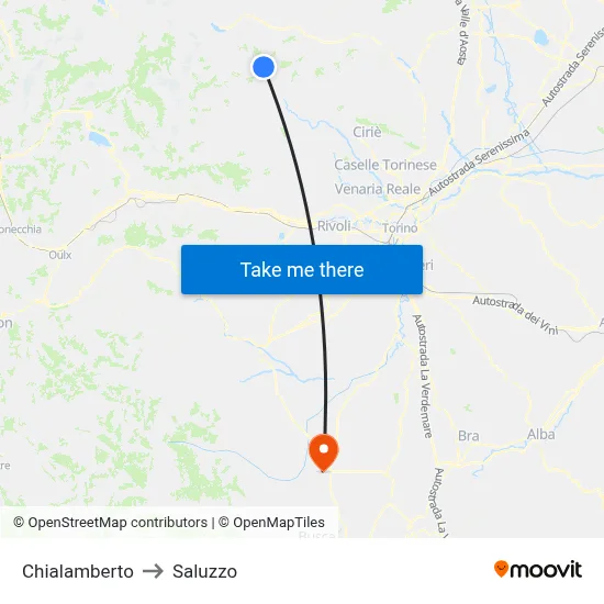 Chialamberto to Saluzzo map