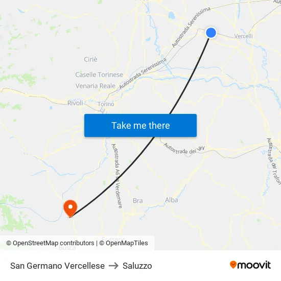 San Germano Vercellese to Saluzzo map