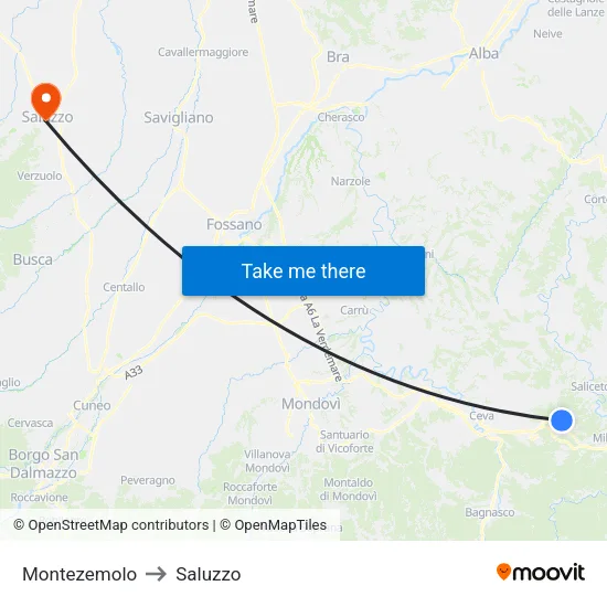 Montezemolo to Saluzzo map
