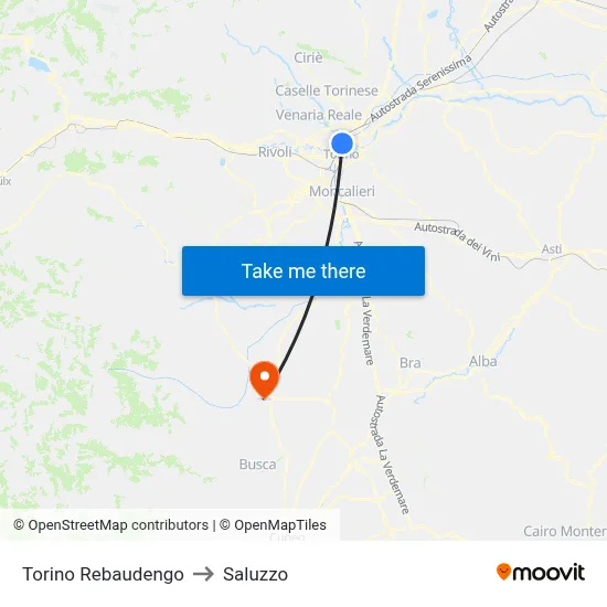 Turin Rebaudengo to Saluzzo map