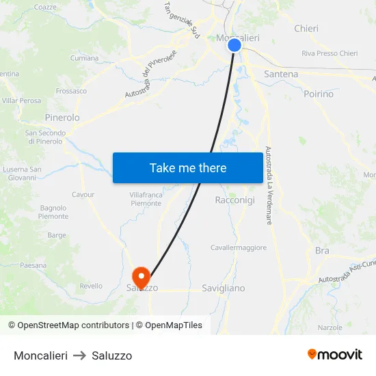 Moncalieri to Saluzzo map