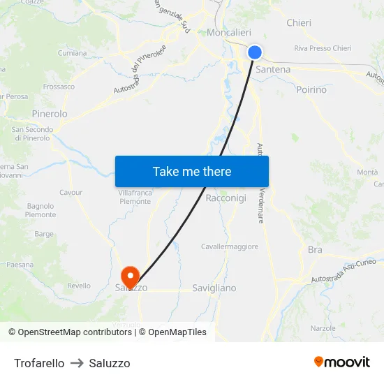 Trofarello to Saluzzo map