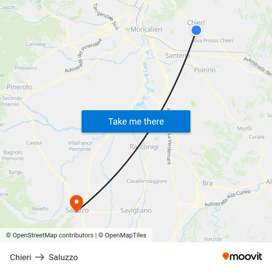 Chieri to Saluzzo map