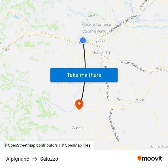 Alpignano to Saluzzo map