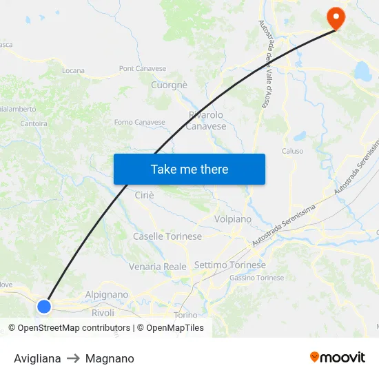 Avigliana to Magnano map