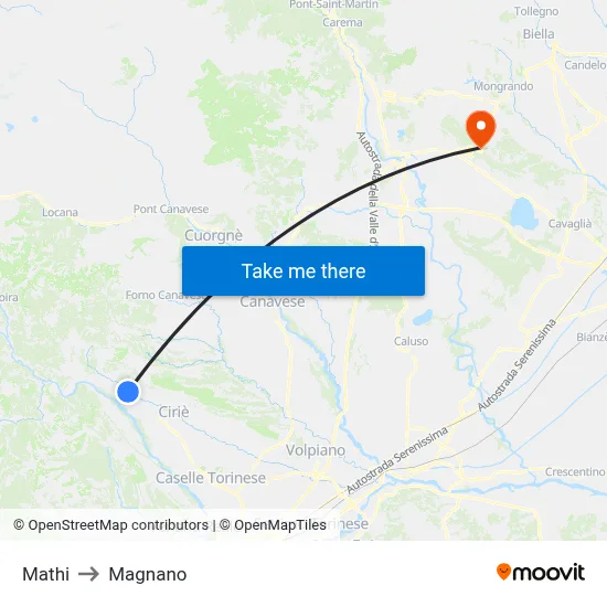 Mathi to Magnano map