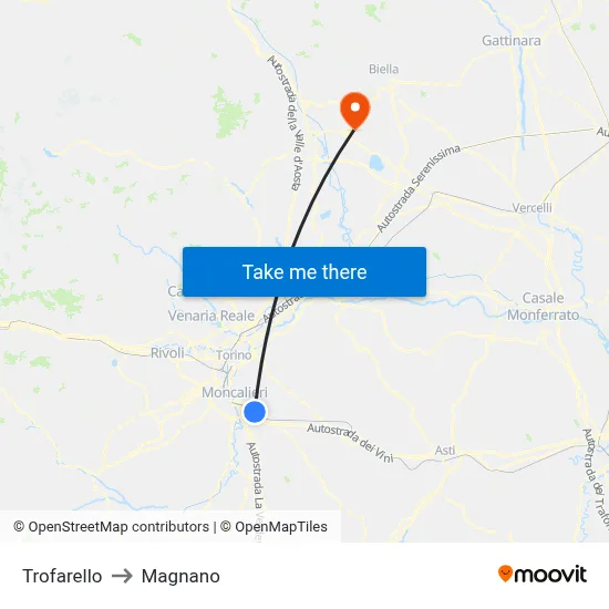 Trofarello to Magnano map