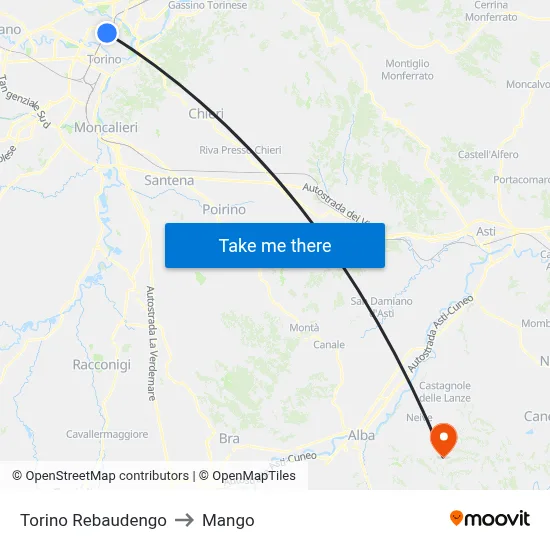 Turin Rebaudengo to Mango map
