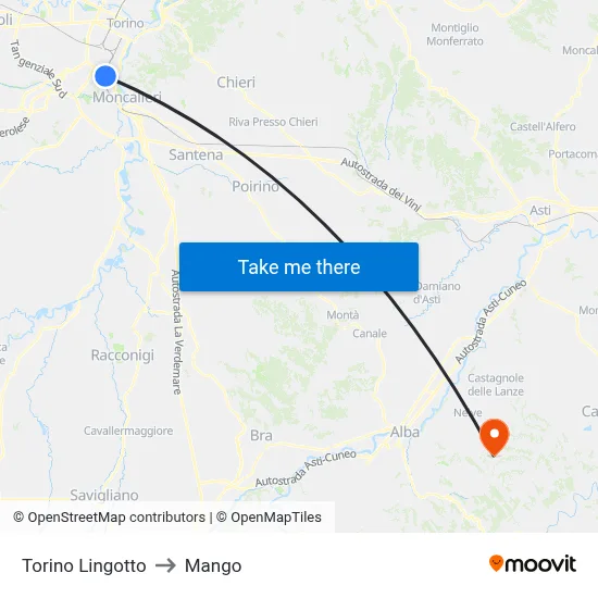 Turin Lingotto to Mango map
