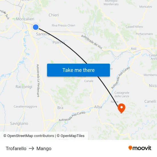 Trofarello to Mango map