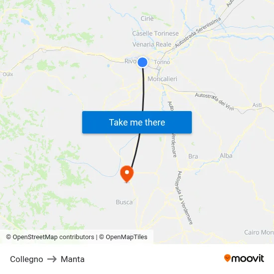 Collegno to Manta map
