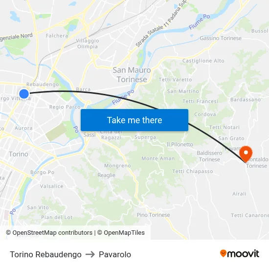 Turin Rebaudengo to Pavarolo map
