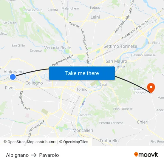 Alpignano to Pavarolo map