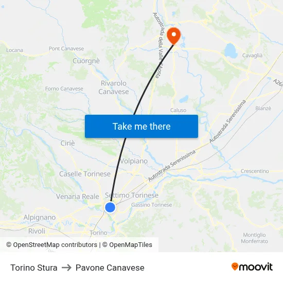 Turin Stura to Pavone Canavese map