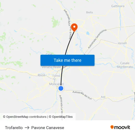 Trofarello to Pavone Canavese map