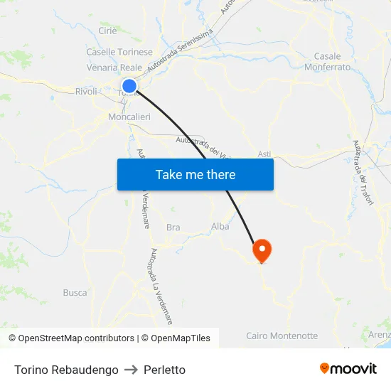 Turin Rebaudengo to Perletto map