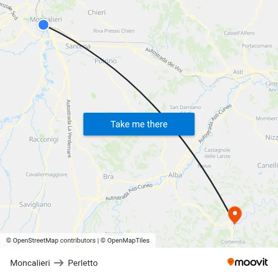 Moncalieri to Perletto map