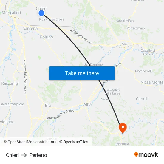 Chieri to Perletto map