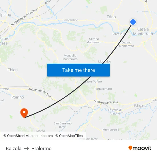 Balzola to Pralormo map