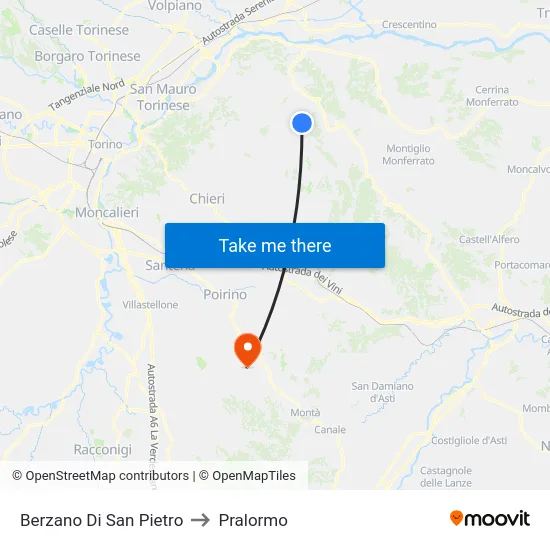 Berzano Di San Pietro to Pralormo map
