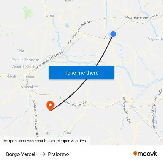 Borgo Vercelli to Pralormo map