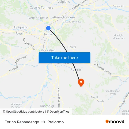 Turin Rebaudengo to Pralormo map