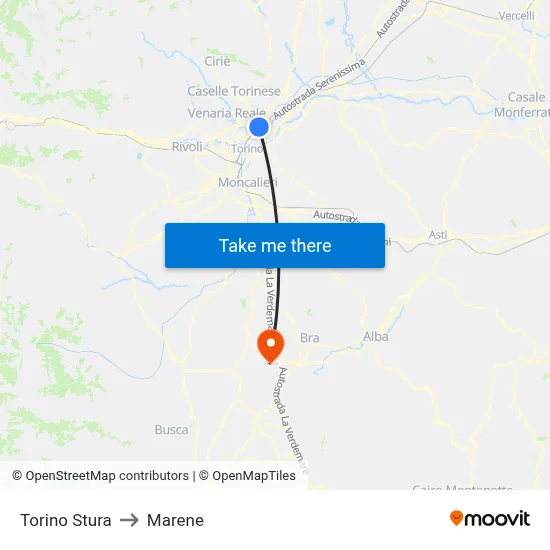 Turin Stura to Marene map
