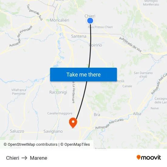 Chieri to Marene map