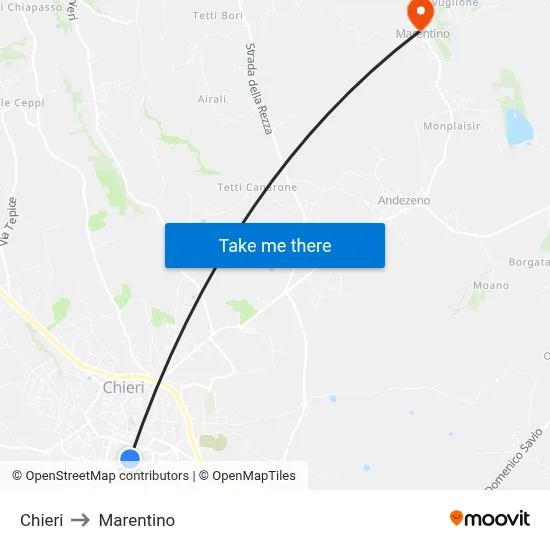 Chieri to Marentino map