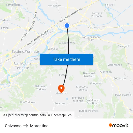 Chivasso to Marentino map